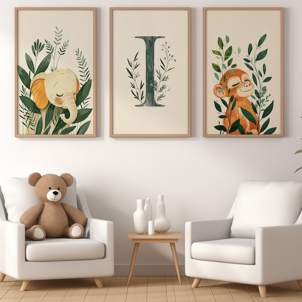 Animal themed nursery decor, baby room decor, gender neutral nursery, kids room wall art, elephant, monkey, animal art print