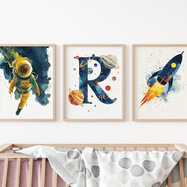 Space themed nursery decor, baby room decor, baby boy nursery, kids room wall art, rocket ship wall art, astronaut, planets, space art print