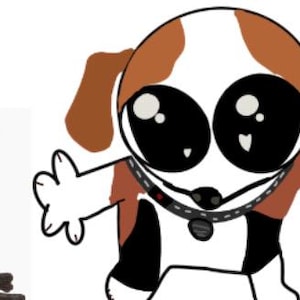 May include: A cartoon dog with large black eyes, brown ears, and a white and brown body. The dog is wearing a collar and has its arms outstretched. A bag of dental care bones is in the background.