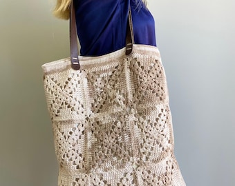 Handmade Crochet Granny Square Tote Bag with Leather Handles