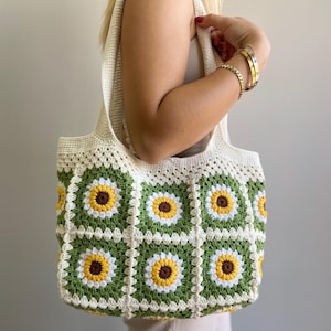 Gehäkelte Sonnenblumen-Einkaufstasche, Oma-Quadrat-Schultertasche, schicke gehäkelte Markttasche, perfekt für jeden Anlass, Geschenk für sie
