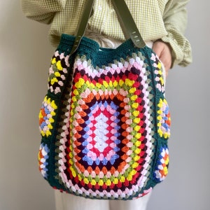 Crochet Granny Square Tote Bag: Colorful Handmade Cotton Shoulder Bag