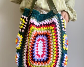 Crochet Granny Square Bag, Crochet Tote Bag, Colorful Handmade Shoulder Bag, Stylish Handcrafted Bag for Summer, Beach Bag, Gift for her