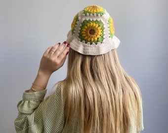 Crochet Bucket Hat: Handmade Cotton Granny Square Sunflower Hat
