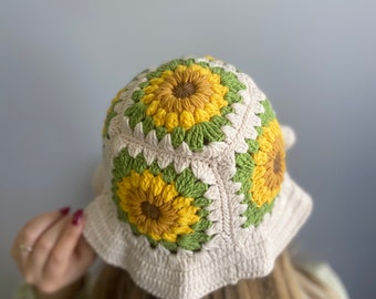 Crochet Bucket Hat, Granny Square Hat, Colorful Handmade Summer Hat, Flower Hat, Unisex Beach Hat