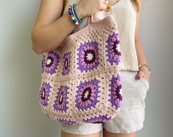 Boho häkeln Einkaufstasche: Handgemachte Oma Quadrat Markttasche