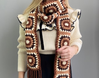 Handcrafted Granny Square Crochet Scarf: Boho Winter Neck Warmer