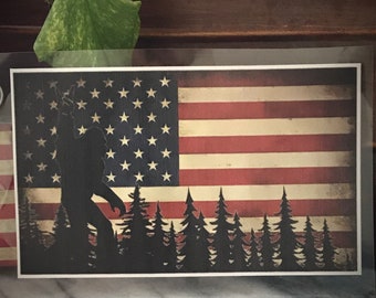 American Sasquatch Decal | American Flag with Bigfoot Car Sticker | Vinyl Sasquatch Decal | Sasquatch in Forrest Vinyl Bumper Sticker | Yeti