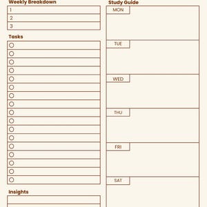 May include: A beige LSAT Weekly Study Planner with a brown border. The planner includes sections for weekly breakdowns, tasks, and insights, along with a study guide for each day of the week. Text includes "LSAT Weekly Study Planner".