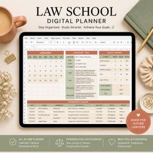 以下が含まれることがあります： タブレット画面に表示されたデジタル法科大学院プランナー。1月のカレンダー、IRACケースブリーフテンプレート、成績トラッカー、課題トラッカーが含まれており、テラコッタ、セージグリーン、クリーム色の配色で構成されています。