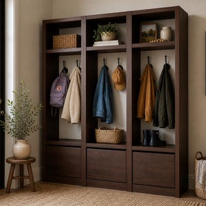 May include: A dark brown wooden entryway storage unit with multiple compartments. It features shelves, hooks for hanging coats and bags, and lower drawers. A backpack, jackets, and a hat hang from the hooks. Woven baskets and decorative items are also visible.