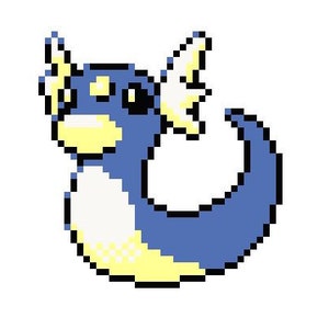 May include: A blue and yellow pixel art illustration of a Pokemon character with a fin and a horn.