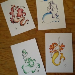 Sweet pinups in 4 colors (pack of 4 postcards, high quality prints) - from originals handmade by me with love!