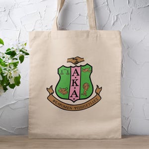AKA Sorority Crest Tote Bag – Alpha Kappa Alpha Shield Design – Pink and Green Greek Paraphernalia, AKA Gift for Sorors, Canvas Sorority Bag