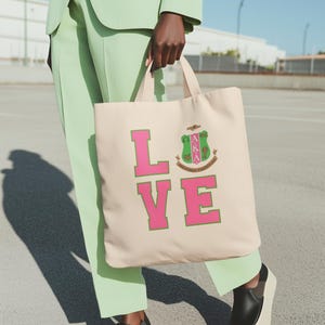 AKA Sorority LOVE Tote Bag – Pink and Green Shield Logo – Alpha Kappa Alpha Inspired Gift – Sorority Paraphernalia – Reusable Canvas Bag