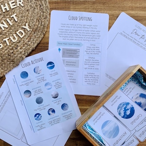 May include: A set of printable educational resources for learning about clouds. The set includes a cloud spotting guide, a cloud altitude chart, and a cloud research worksheet. The worksheet includes a drawing prompt: "Draw the sky".