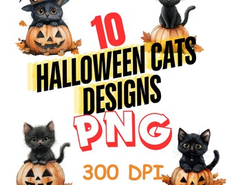 10 Halloween Black Cats and Pumpkins PNG Designs (300 DPI) (Digital Download)