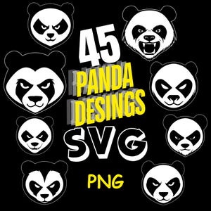 May include: A black and white graphic design set featuring 45 panda designs. The text "45 Panda Designs SVG PNG" is displayed in yellow.