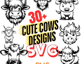 Cute Fluffy Cow Designs, Scottish Highland, SVG, PNG (Digital Download)