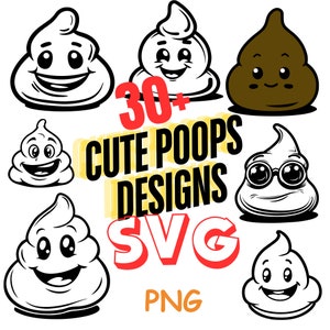 May include: A collection of 30+ cute poop designs in black and white and brown. The designs are in SVG and PNG format.