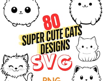 80 Fluffy Cats Vector Designs, Transparent PNG, Digital Download