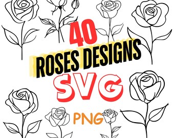 40 roses designs, digital files, SVG, 300 DPI transparent background PNG, petals, red, thorns, pink, rouge ,blush, rosette