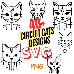 May include: A set of 40+ digital designs featuring circuit board cats. The designs are available in SVG and PNG formats. The image shows several black and white illustrations of cats with circuit board details.
