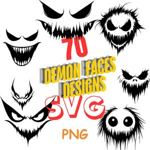 Może przedstawiać: Kolekcja 70 czarnych wzorów twarzy demonów z ostrymi zębami, groźnymi oczami i kolczastymi cechami. Obraz zawiera tekst "70 DEMON FACES DESIGNS SVG PNG" w kolorze czerwonym, żółtym i pomarańczowym.