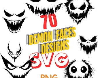 70 scary demon faces, monster, horror, demonic, evil, teeth, smile, spooky, Halloween 300 DPI, high quality designs, PNG, SVG