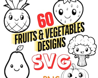 Cute Fruits and Vegetables SVG, PNG Clipart (Digital Files)