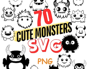 Cute Monster Clipart, 70 Fluffy Creatures, SVG PNG (Digital Files)