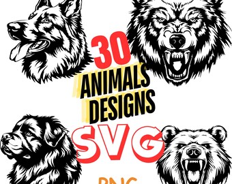 30 Animal Vector Designs, Wildlife, Pets (SVG, PNG)