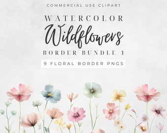 Watercolor Wildflowers Borders Bundle 1 Clipart Pack, Pastel Delicate Florals, Instant Digital Download, 300DPI, Commercial Use. [DD01]