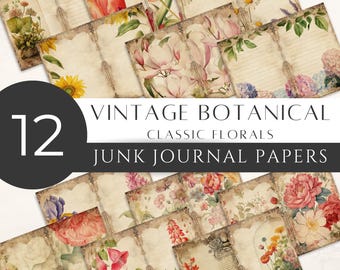 Vintage Botanical Junk Journal Digital Paper Pack, Florals and Foliage, Terrarium Garden, Scrapbook, Printable Download, Commercial [JJ01]