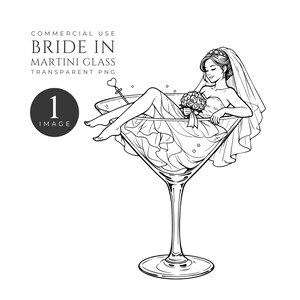 May include: Black and white illustration of a bride relaxing in a martini glass. The bride is wearing a veil and holding a bouquet. The image includes the text "Bride in Martini Glass Transparent PNG".