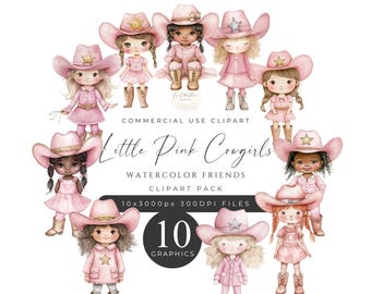 Little Pink Cowgirls Clipart Pack, Watercolor Pastel, Gold and Silver Glitter, Sparkling, Instant Download, 300DPI, Commercial Use. [BB03]