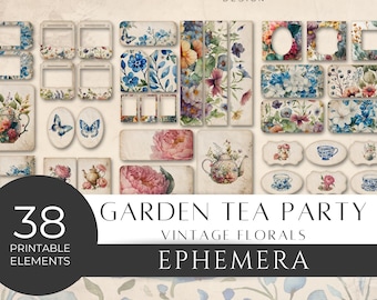 Garden Tea Party Junk Journal Ephemera, Vintage Floral, Butterfly, Chinoiserie Teacups, Teapot Foliage, Scrapbook, Printable Download [JJ01]
