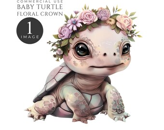Floral Baby Turtle Flower Crown Single Clipart, Underwater Friends, Instant Digital Download, 300DPI, Commercial Use. [HH01]