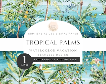 Tropical Palms Seamless Pattern Texture Pack, Watercolor Palm Trees, Summer Holiday, Beach, Ocean, Printable, 300DPI, Commercial Use. [QQ02]