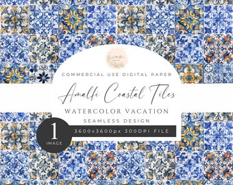 Amalfi Coastal Tiles Seamless Pattern Texture Pack, Watercolor Holiday, Blue Ocean, Orange Citrus, Printable, 300DPI, Commercial Use. [QQ02]