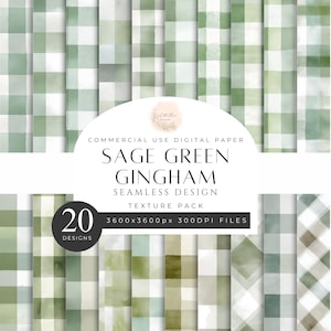 Puede incluir: Un paquete de papel digital con patrones de cuadros vichy verde salvia. La imagen muestra 20 diseños con una textura sin costuras. El texto dice "Sage Green Gingham Seamless Design Texture Pack" y "3600x3600px 300DPI FILES".