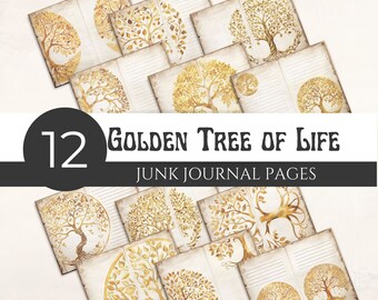 Gold Tree Of Life Junk Journal Digital Paper Pack, Printable Papers, Scrapbooking, Instant Digital Download, 300DPI, Commercial Use. [JJ01]