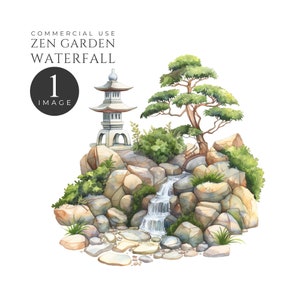 Aquarel Zen Garden één clipart, serene waterval, bonsaiboom, instant digitale download, 300 dpi, commercieel gebruik. [ZZ01]