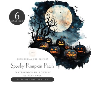 May include: Watercolor illustration of a spooky pumpkin patch with a full moon in the background. Six pumpkins with glowing faces are arranged in a semi-circle. The pumpkins are surrounded by a dark blue and gray watercolor wash.