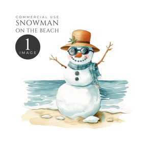 May include: A watercolor illustration of a snowman wearing sunglasses and a straw hat on a beach. The snowman has a blue and white scarf and is standing in the sand with the ocean behind it.