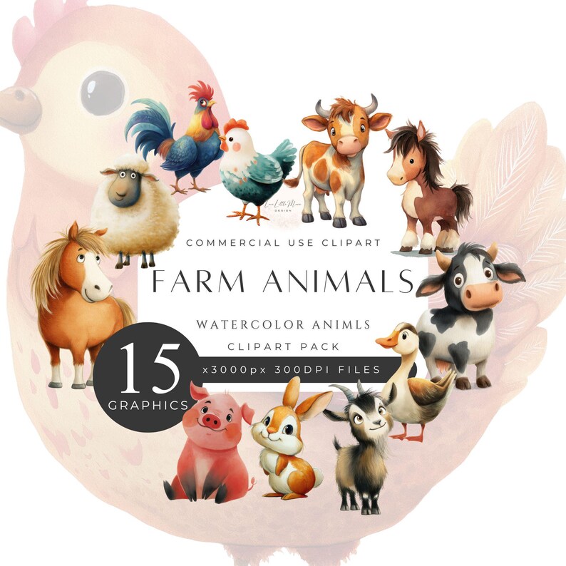Farm Animals Clipart Pack, Watercolor Friends, Quirky Chicken, Silly ...