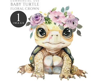 Floral Baby Turtle Flower Crown Single Clipart, Underwater Friends, Instant Digital Download, 300DPI, Commercial Use. [HH01]