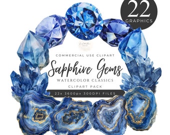 Watercolor Sapphire Crystal Gem Stones Clipart Pack, Geodes, Gold, Precious Jewels, Instant Digital Download, 300DPI, Commercial Use. [BB02]