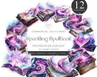 Enchanted Sparkling Magic Spellbook Watercolor Fantasy Clipart Pack, Witch Wizard, Instant Digital Download, 300DPI, Commercial Use. [DD02]