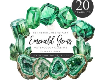 Watercolor Emerald Crystal Gem Stones Clipart Pack, Geodes, Precious Jewels, Instant Digital Download, 300DPI, Commercial Use. [BB02]